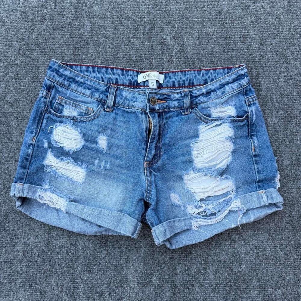Cello Jeans Distressed Cuffed Denim Jean Shorts Womenβs Size S Heavy Ripped Blue